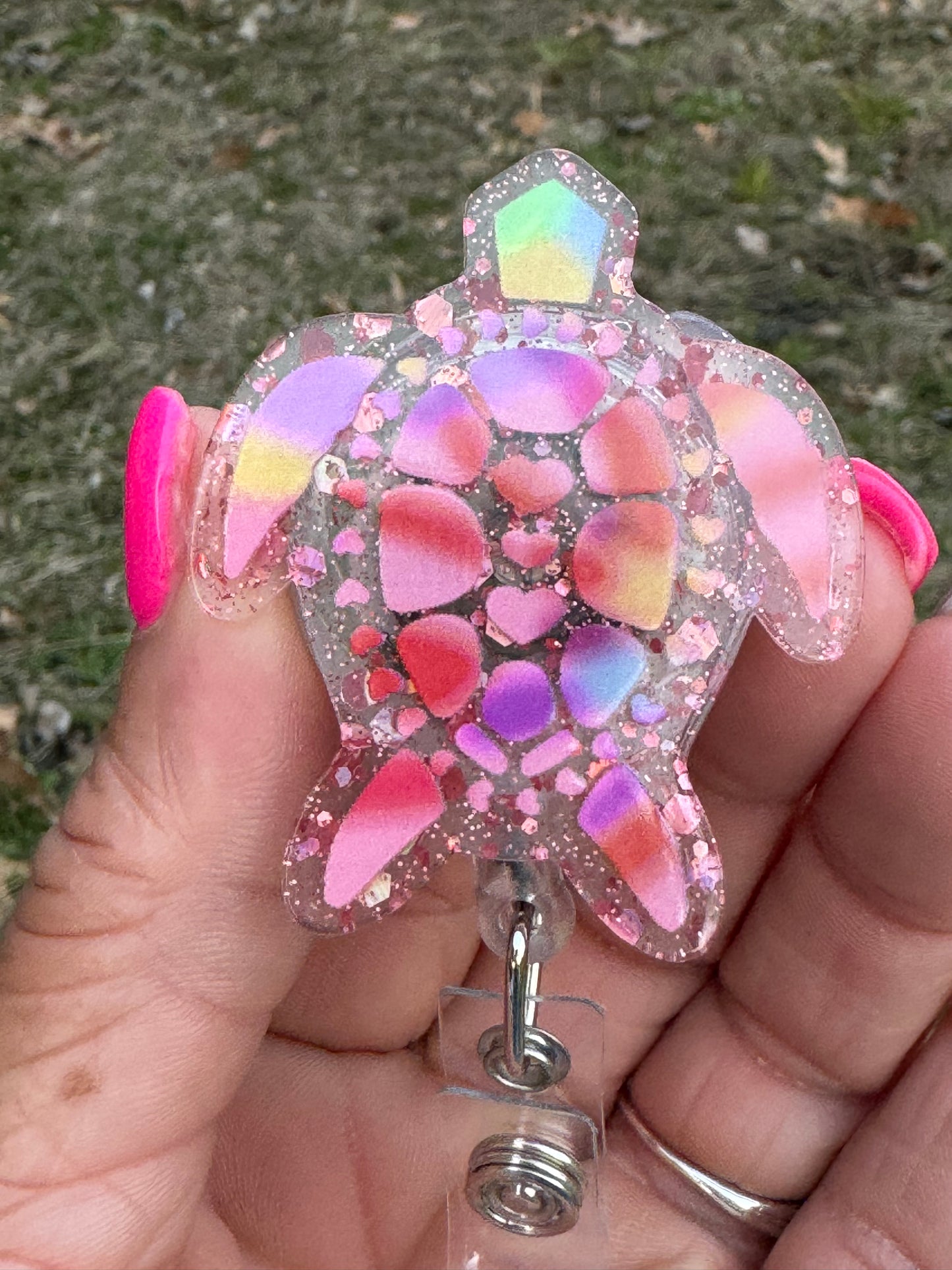 Pink Holographic Turtle badge Reel