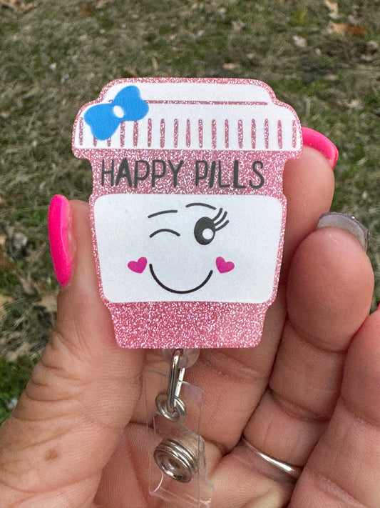 Pink Happy Pills Badge Reels