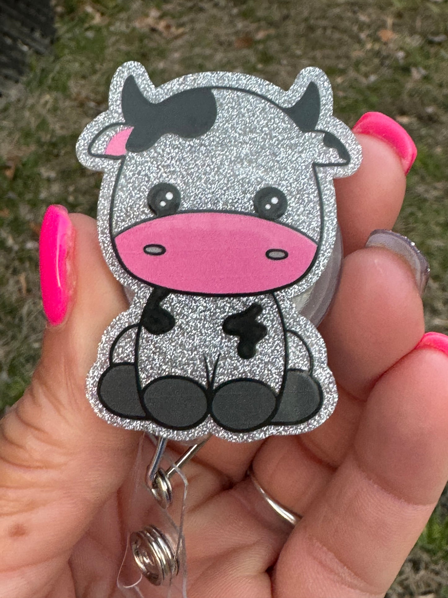 Silver and Pink Cow Badge Reel