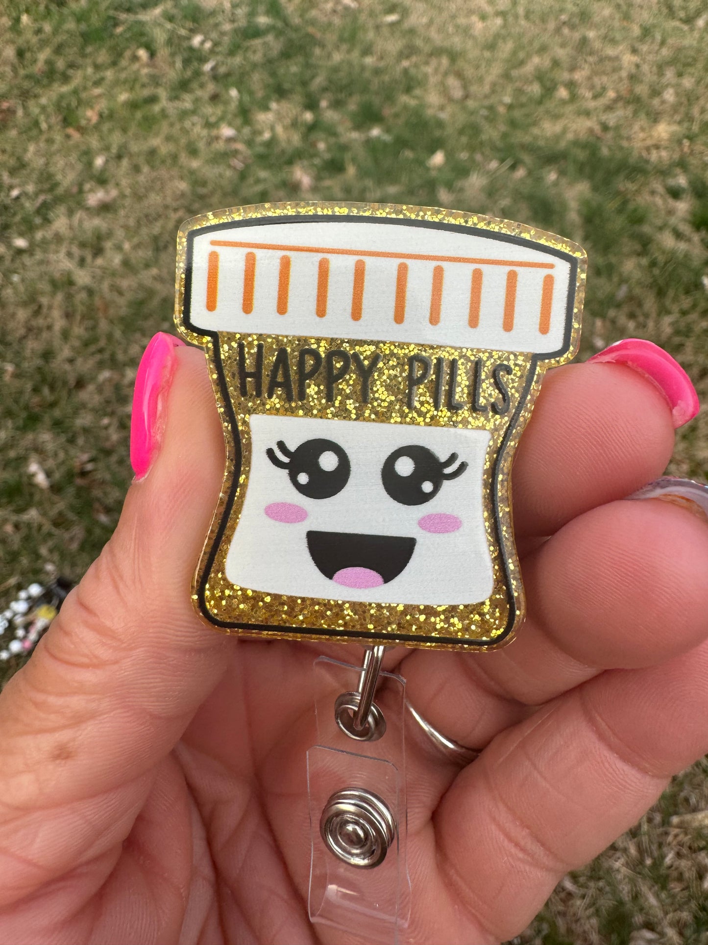 Gold Happy Pills Badge Reel