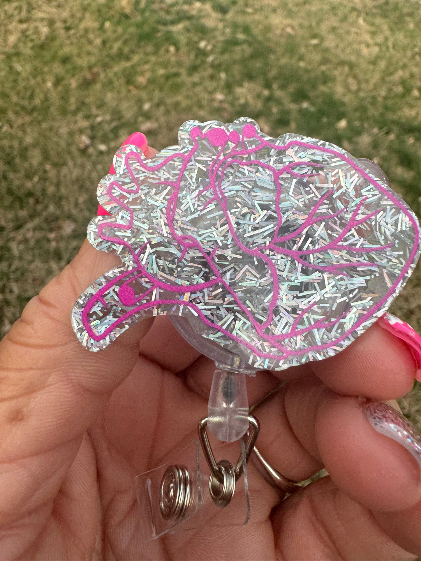 Silver and Pink Heart Outline Badge Reel