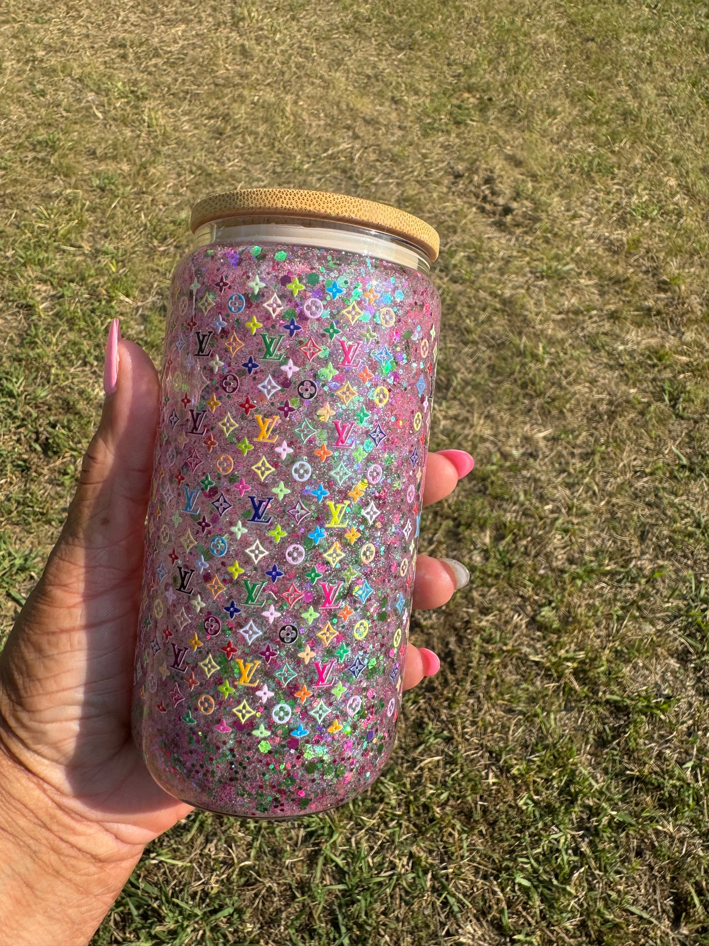 Inspired LV Glitter Snow Globe Glass Tumbler