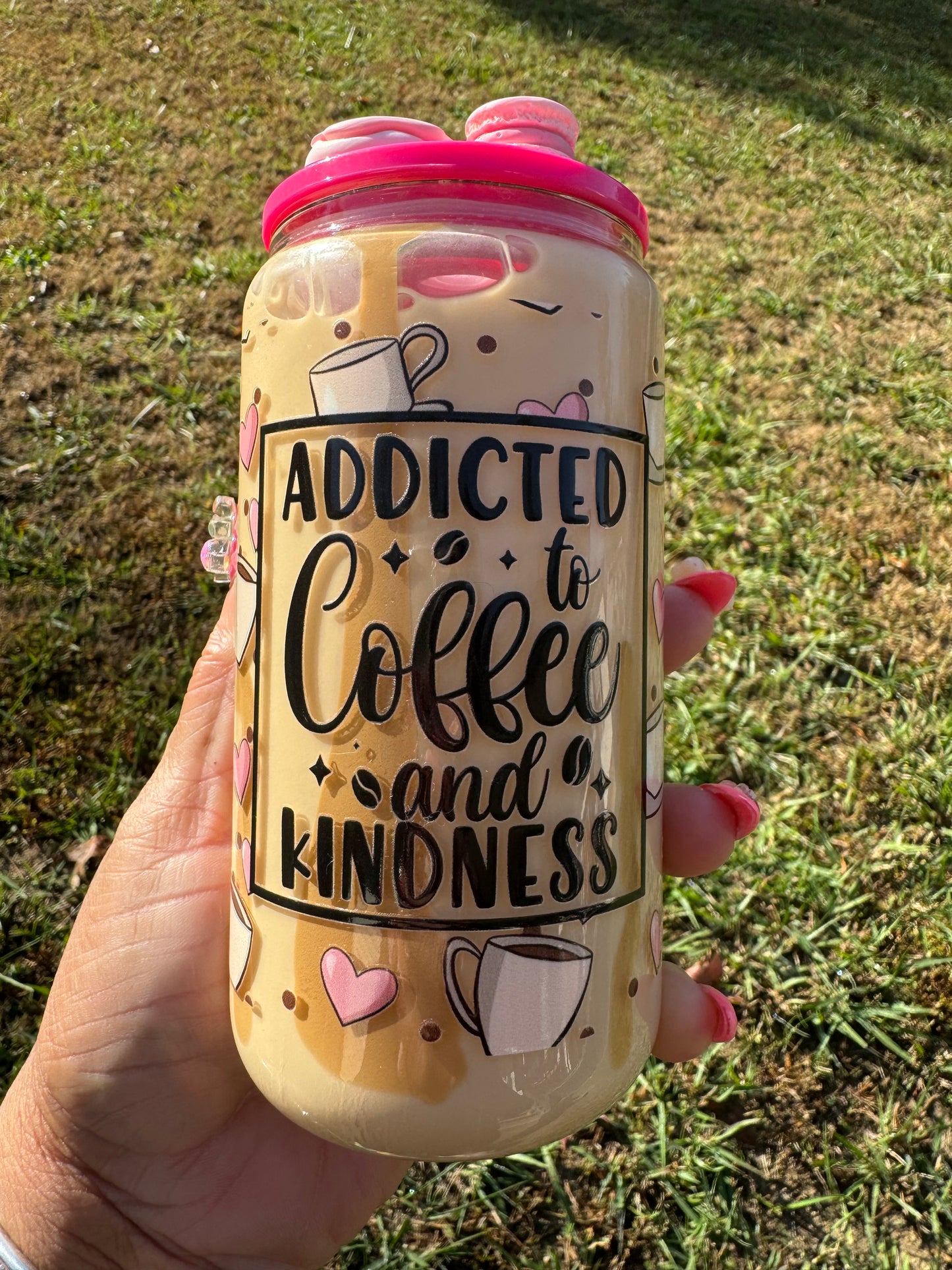 16 oz Faux Coffee "Addicted to Coffee and Kindness" Glass Snow Globe Tumbler